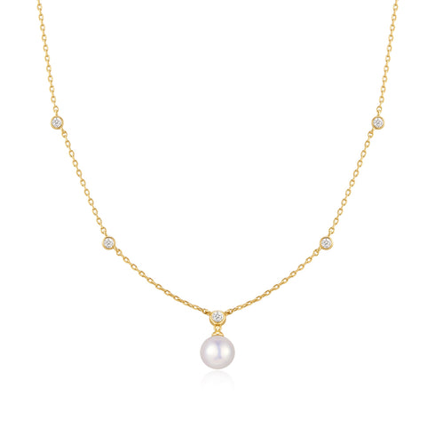 Gold Bezel-Set Station Necklace with Shell Pearl Pendant