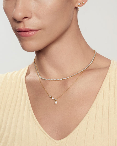 Gold Half-Bezel Angled & Dangle Teardrop Necklace