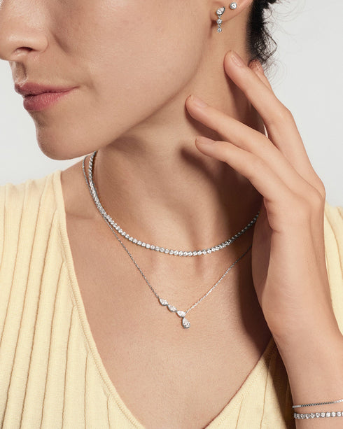 Silver Half-Bezel Angled & Dangle Teardrop Necklace