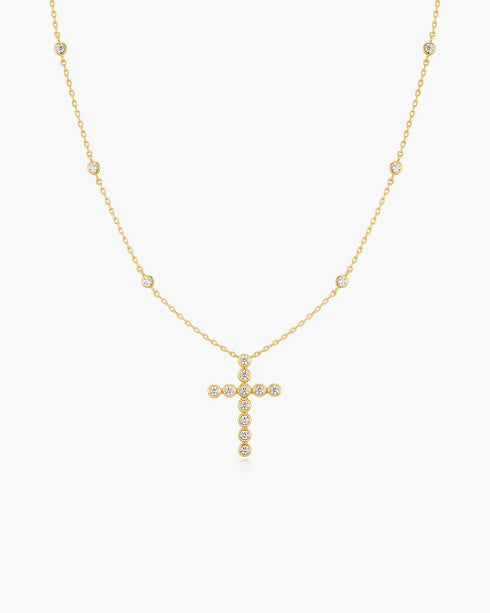 Gold Bezel-Set Station Necklace with Cross Pendant