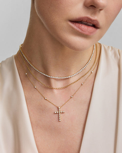 Gold Half-Bezel Round Tennis Necklace