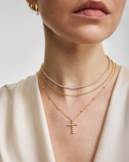 Gold Half-Bezel Round Tennis Necklace