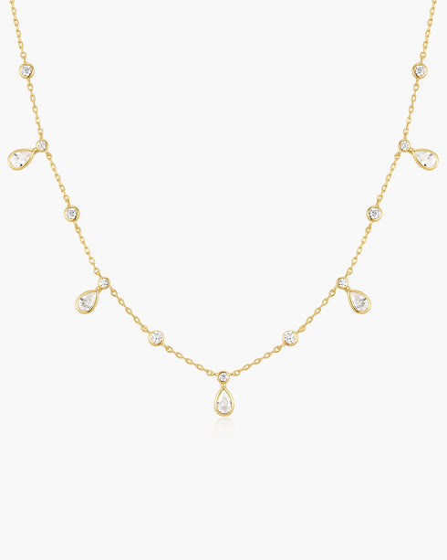 Gold Bezel Round & Teardrop Drop Station Necklace