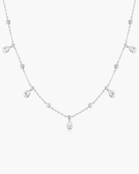 Silver Bezel Round & Teardrop Drop Station Necklace