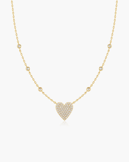 Gold Pave Heart with Bezel Station Necklace
