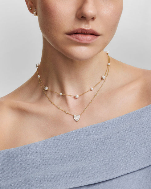 Gold Pave Heart with Bezel Station Necklace