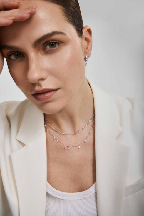 Silver Ethereal Teardrop Dangle Station Necklace