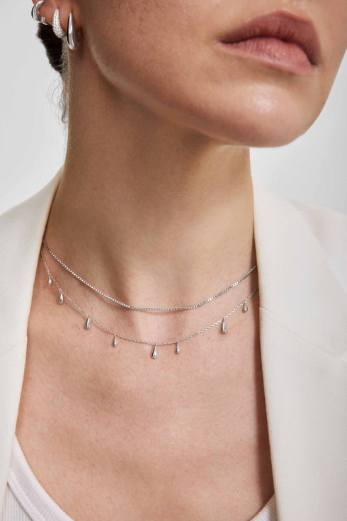 Silver Polished Teardrop Dangle Station Necklace