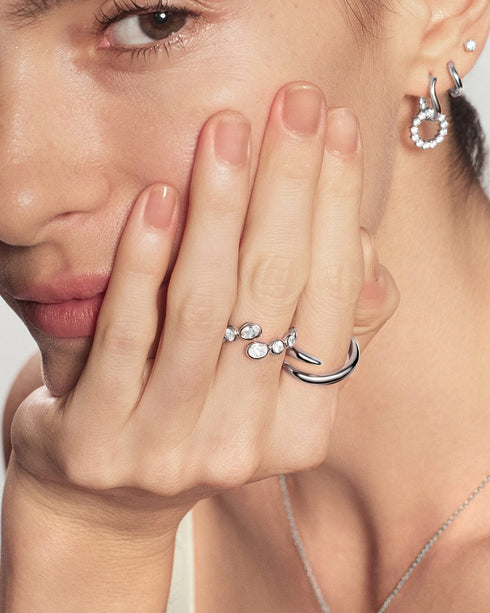 Silver Organic Pebble Spiral Bezel Adjustable Ring